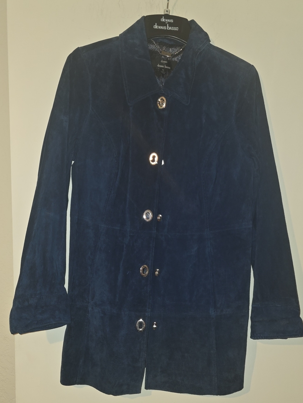 dennis basso Navy Suede Button-Front Coat